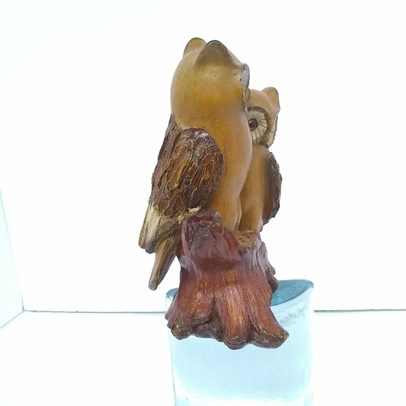 OWL Resin Figurine Statue on Tree Trunk 3D Etchings Brown Tan  8"hx 5"w  Decor - Picture 4 of 7